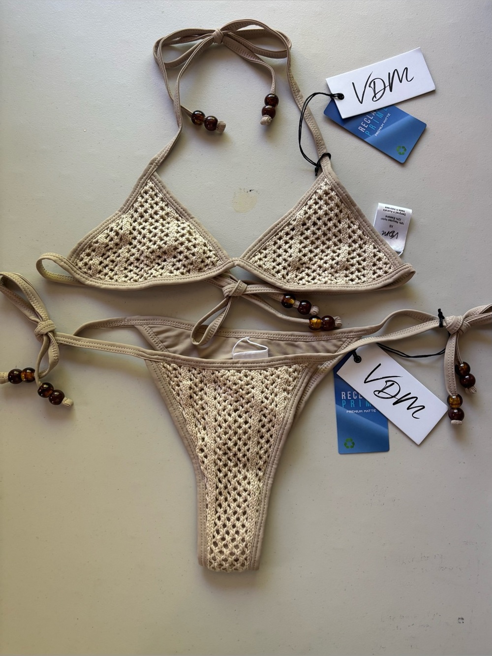 VDM The Label Reversible  Beige Crochet Triangle Bikini Set, Size XS